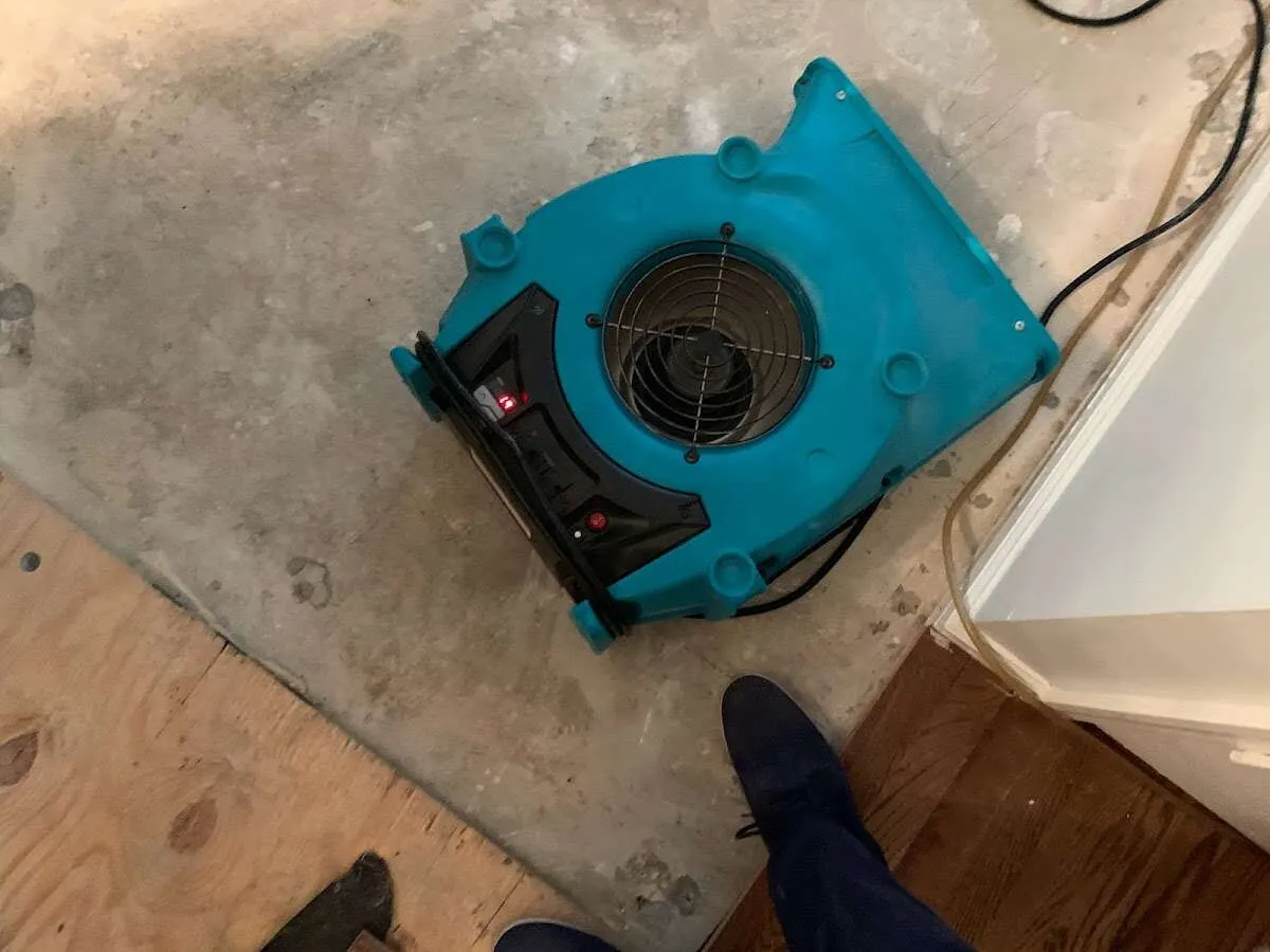 Air mover drying subfloor during Leak Detection & Repair in Isla Vista